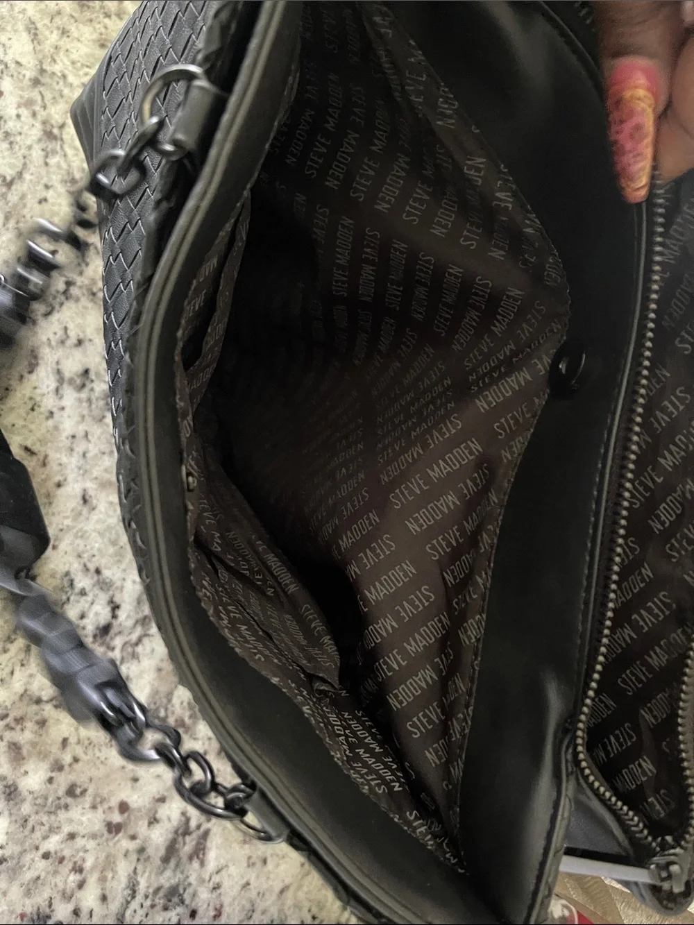 Steve Madden Black Woven Shoulder Bag with Ruched Chain Strap